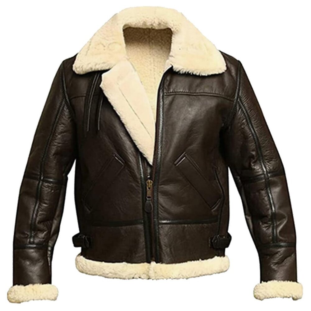 Albert Men's Leather Aviator Bomber Jacket With Artificial Fur Lining Brown